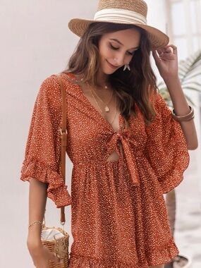 SHEIN Rust Red Polka Dot Tie-Front Romper